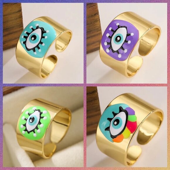 Boho Evil Eye Enamel and Copper Adjustable Ring #1300 YELLOW MULTI - Picture 9 of 14